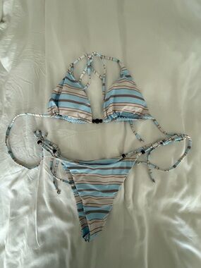 Striped Blue and Cream Triangle String Bikini
